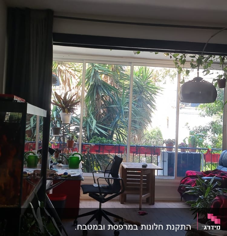 חלון אלומיניום גדול עם צמחייה בחוץ